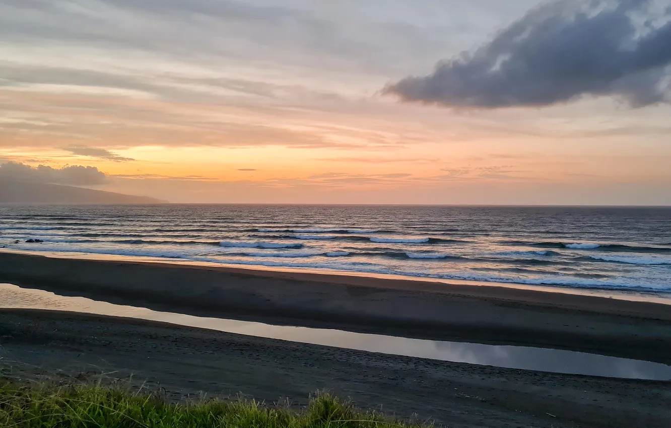 Photo wallpaper waves, beach, sky, sea, landscape, nature, sunset, clouds