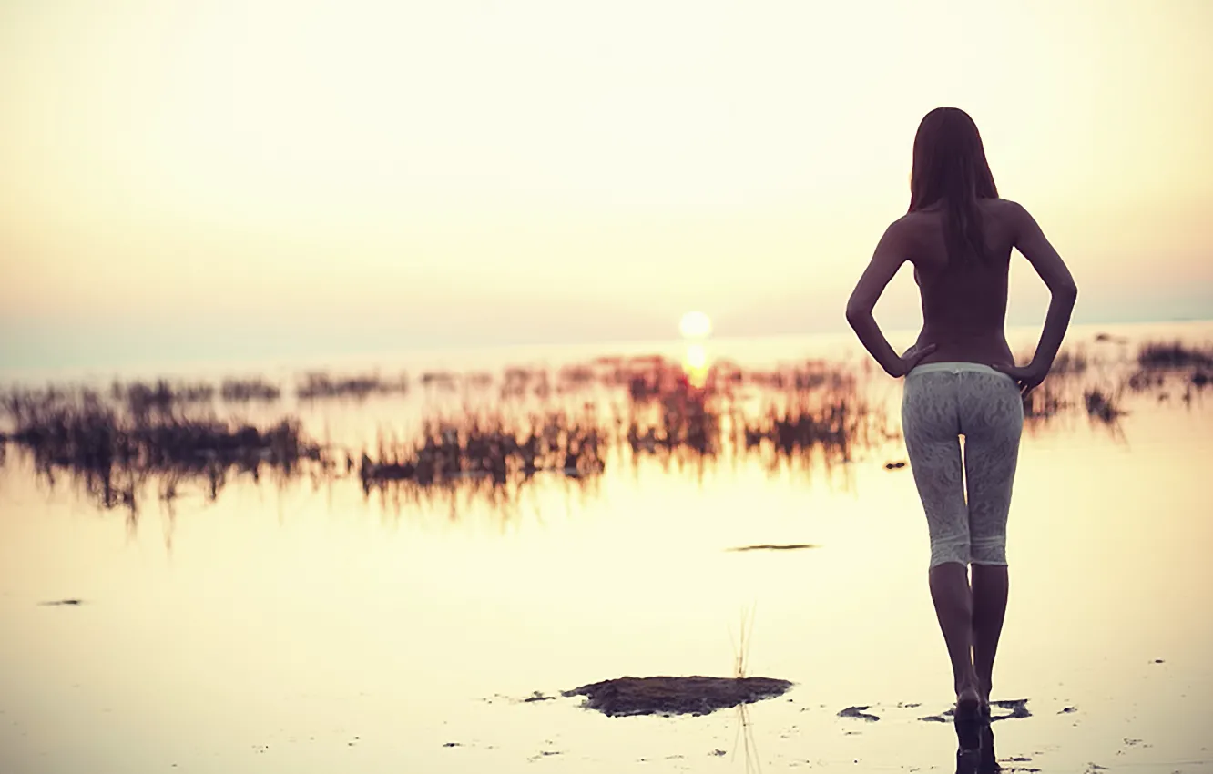 Photo wallpaper girl, river, shore, morning, figure, silhouette
