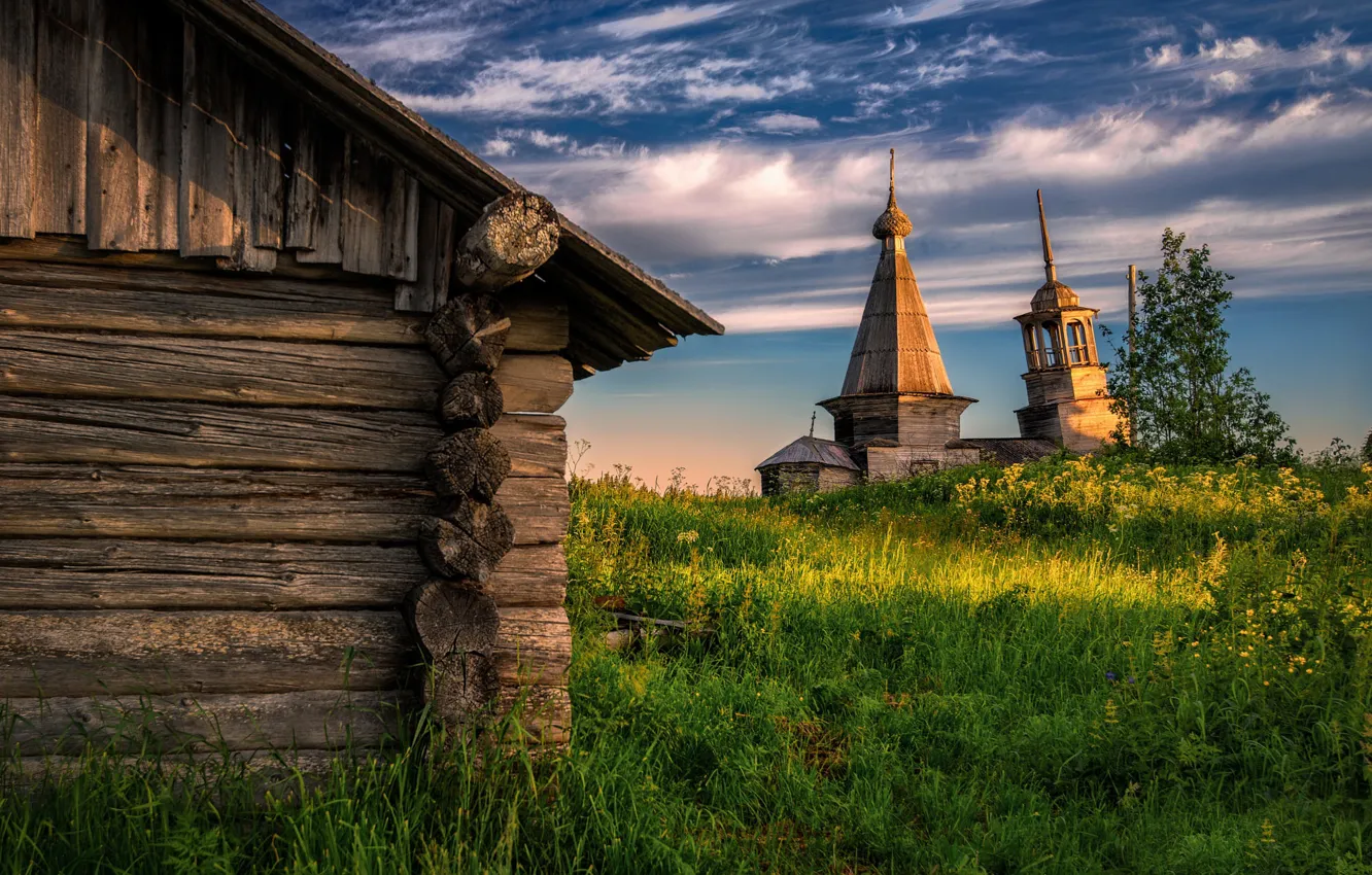 Photo wallpaper village, temple, Arkhangelsk oblast, The Onega district, Volozero