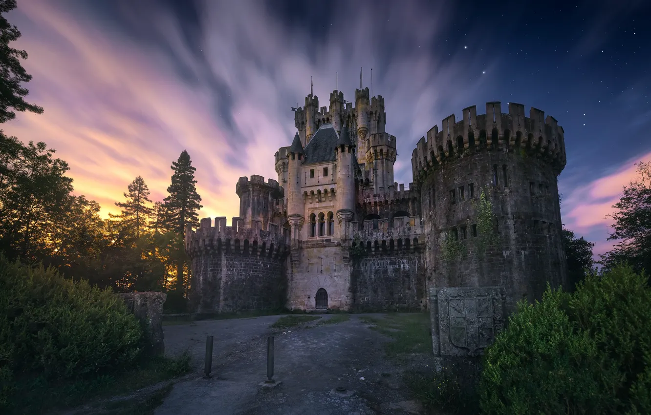 Photo wallpaper stars, clouds, light, night, castle, Spain, Biscay