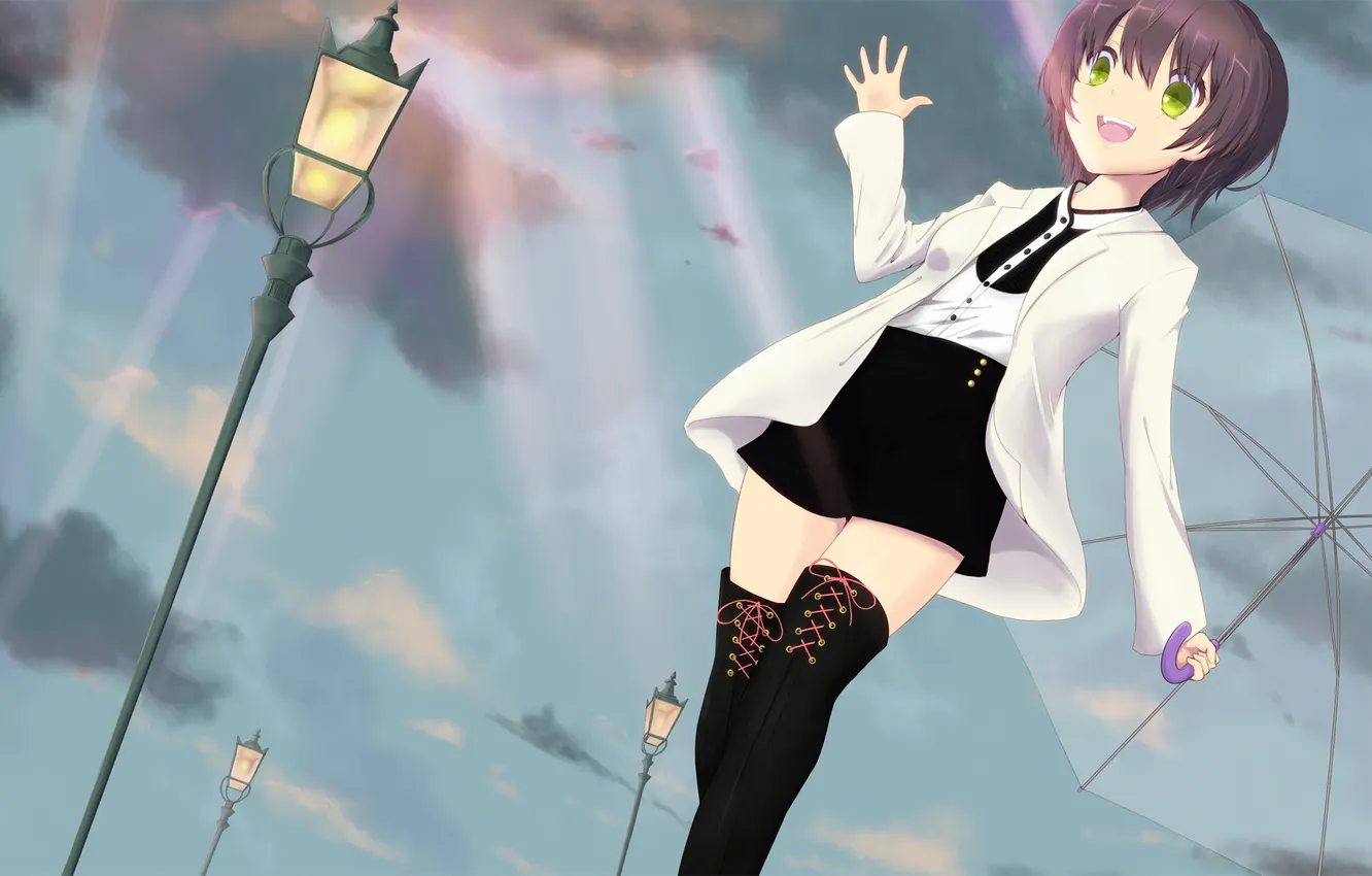 Photo wallpaper the sky, girl, clouds, rays, light, joy, umbrella, anime