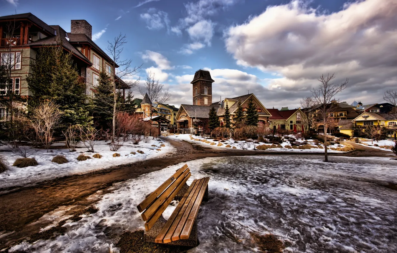 Photo wallpaper snow, the city, bench