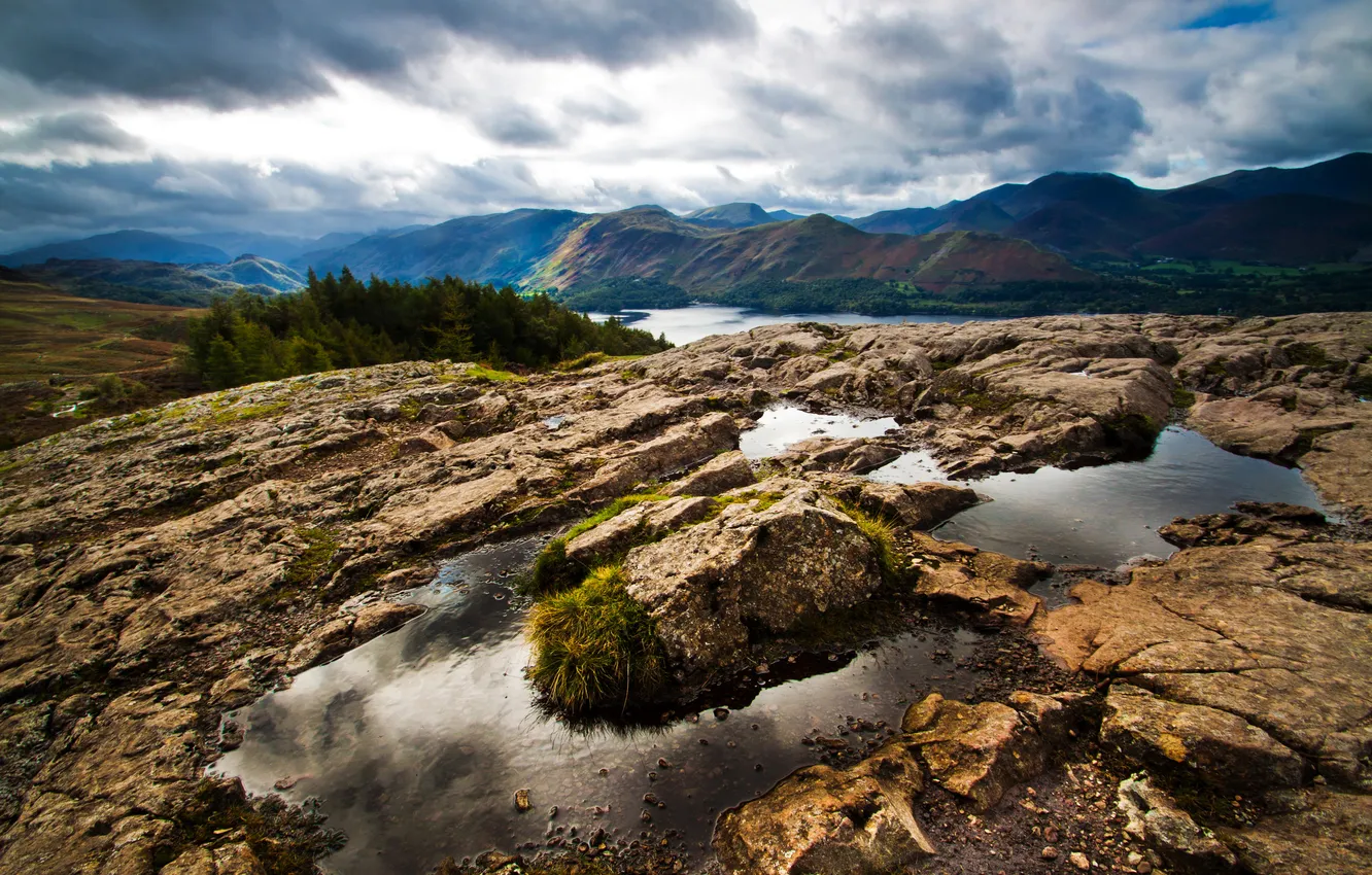 Photo wallpaper the sky, mountains, clouds, river, UK