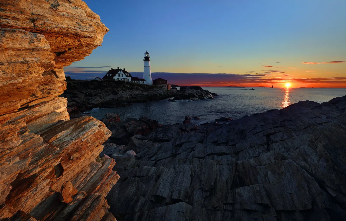 Photo wallpaper sea, sunset, lighthouse