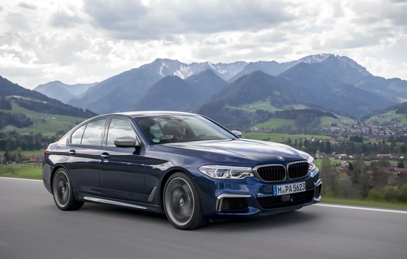 Photo wallpaper road, the sky, asphalt, clouds, mountains, vegetation, BMW, valley