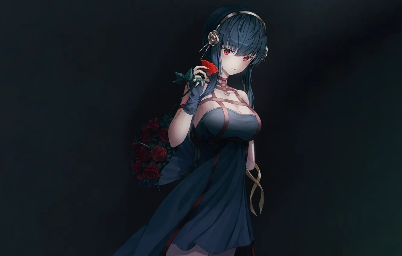 Photo wallpaper girl, rose, sexy, cleavage, long hair, dress, boobs, anime