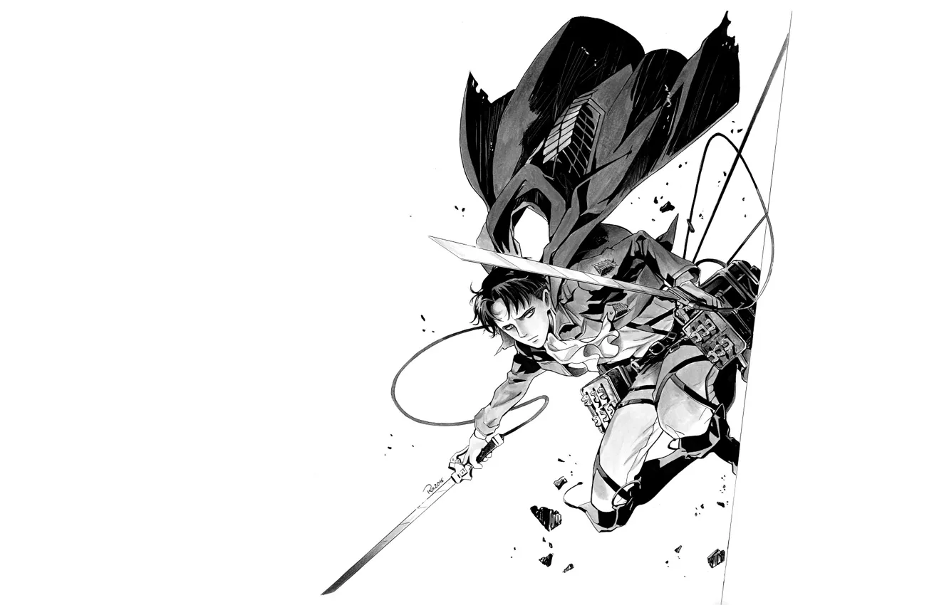 Photo wallpaper figure, blade, art, white background, cables, Attack Of The Titans, Shingeki No Kyojin, Levi Ackerman
