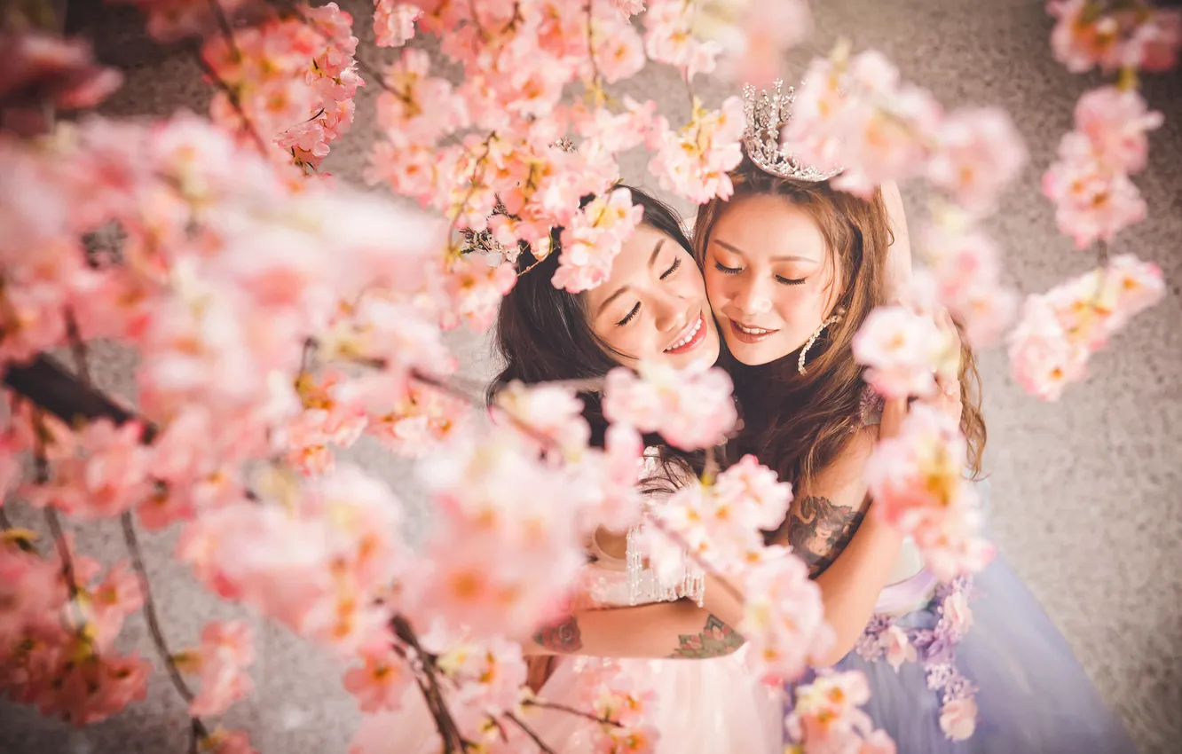 Photo wallpaper flowers, smile, style, girls, portrait, spring, crown, Sakura
