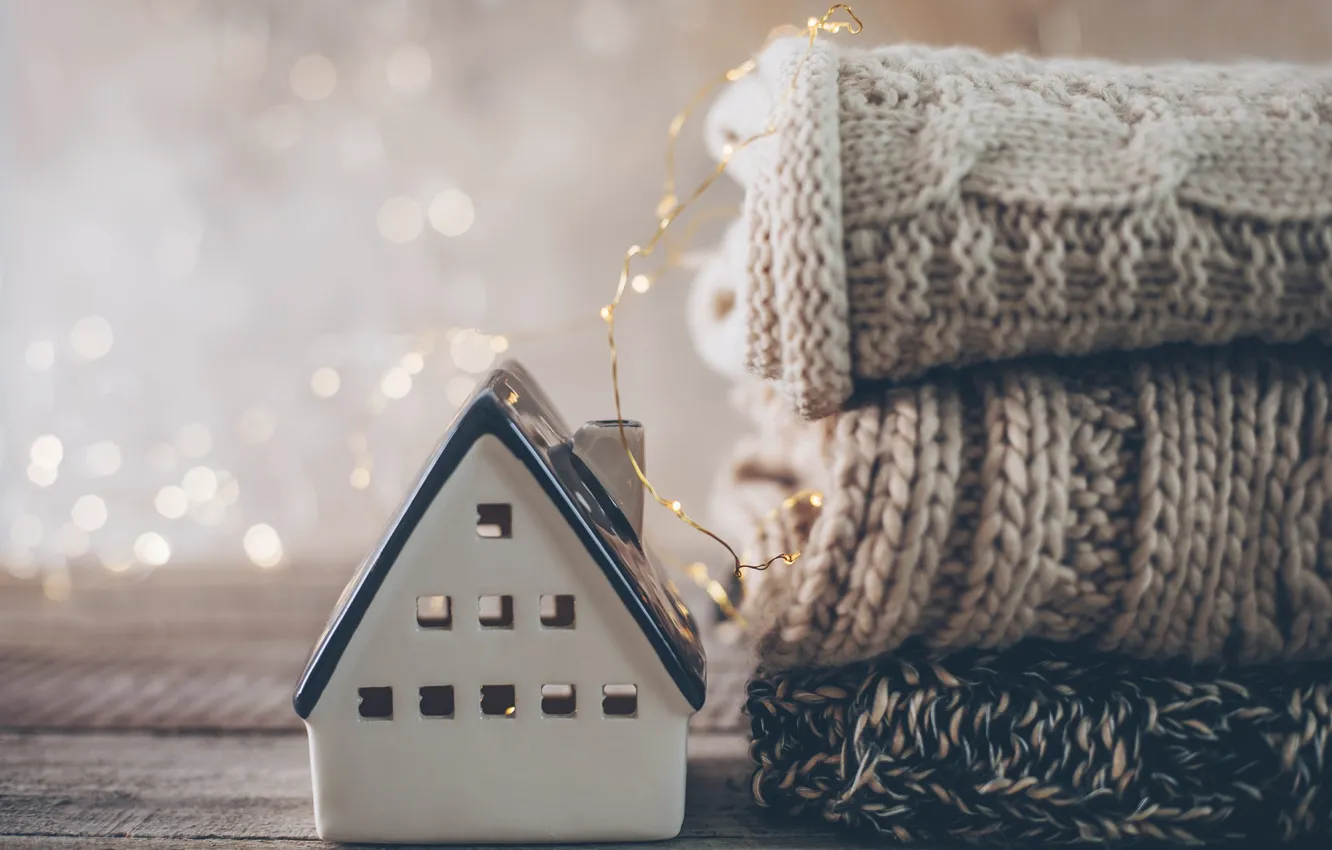 Photo wallpaper garland, stack, comfort, house, knitted things