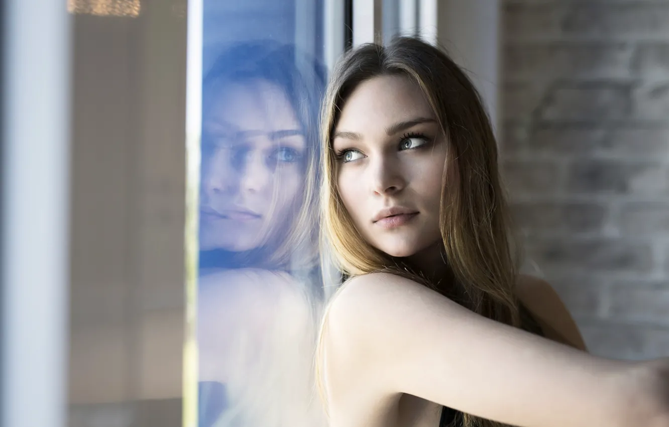 Photo wallpaper look, glass, face, reflection, sweetheart, Dumi