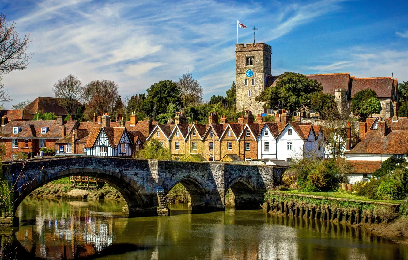Photo wallpaper roof, autumn, the sky, clouds, light, trees, branches, bridge