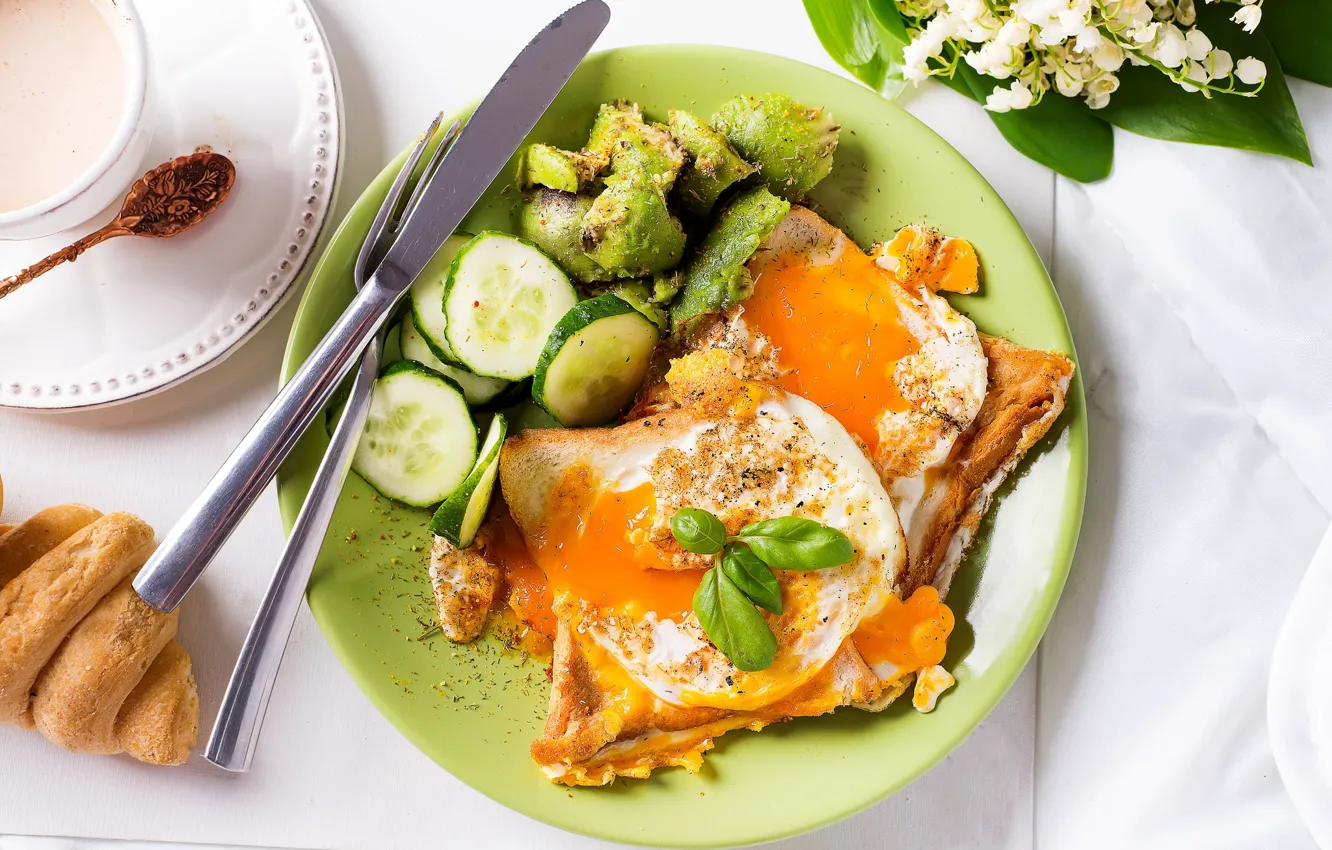 Photo wallpaper coffee, Breakfast, scrambled eggs, cucumbers, salad, croissant