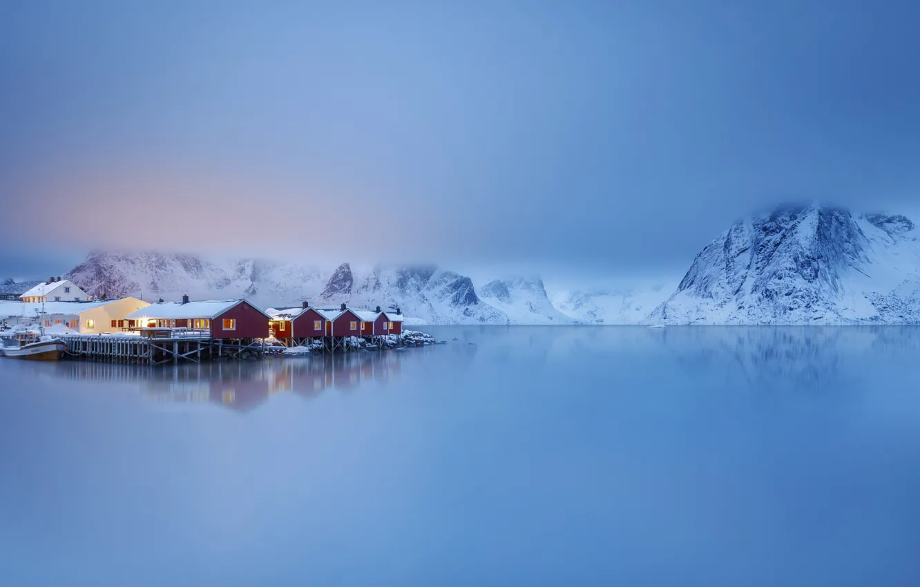 Photo wallpaper sea, mountains, village, Norway, houses, Norway, the fjord, The Lofoten Islands