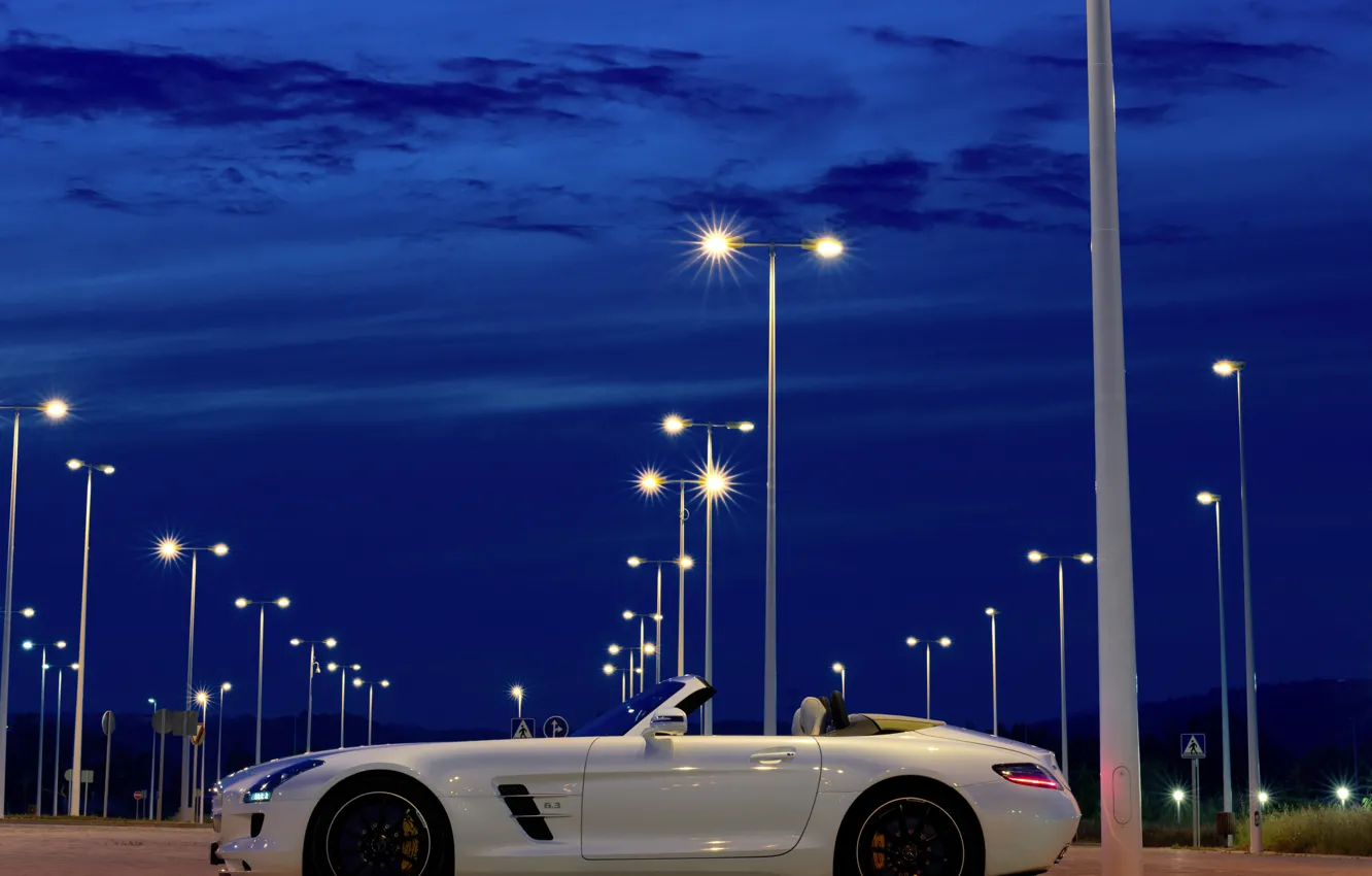 Photo wallpaper the sky, night, Roadster, Mercedes-Benz, lights, AMG, SLS, Mercedes-Benz