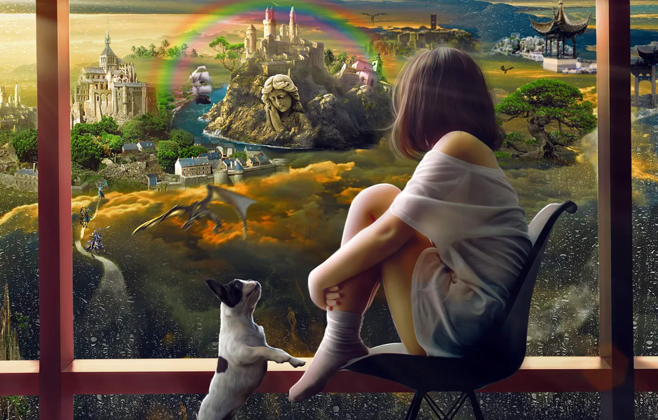 Photo wallpaper dog, chair, window, girl, fantasy world, The world of dreams