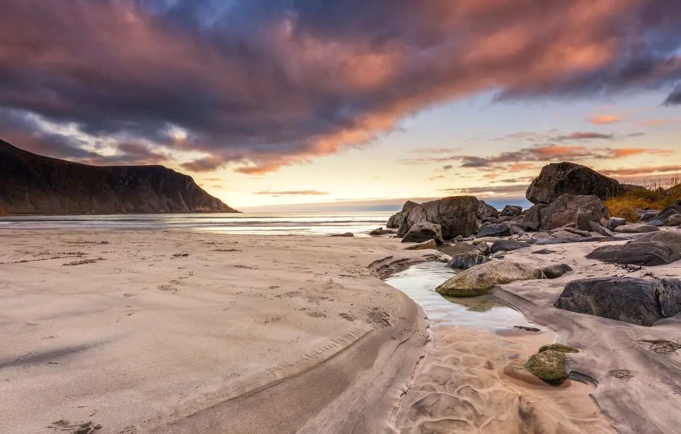 Photo wallpaper sand, sea, beach, the sky, clouds, landscape, clouds, nature