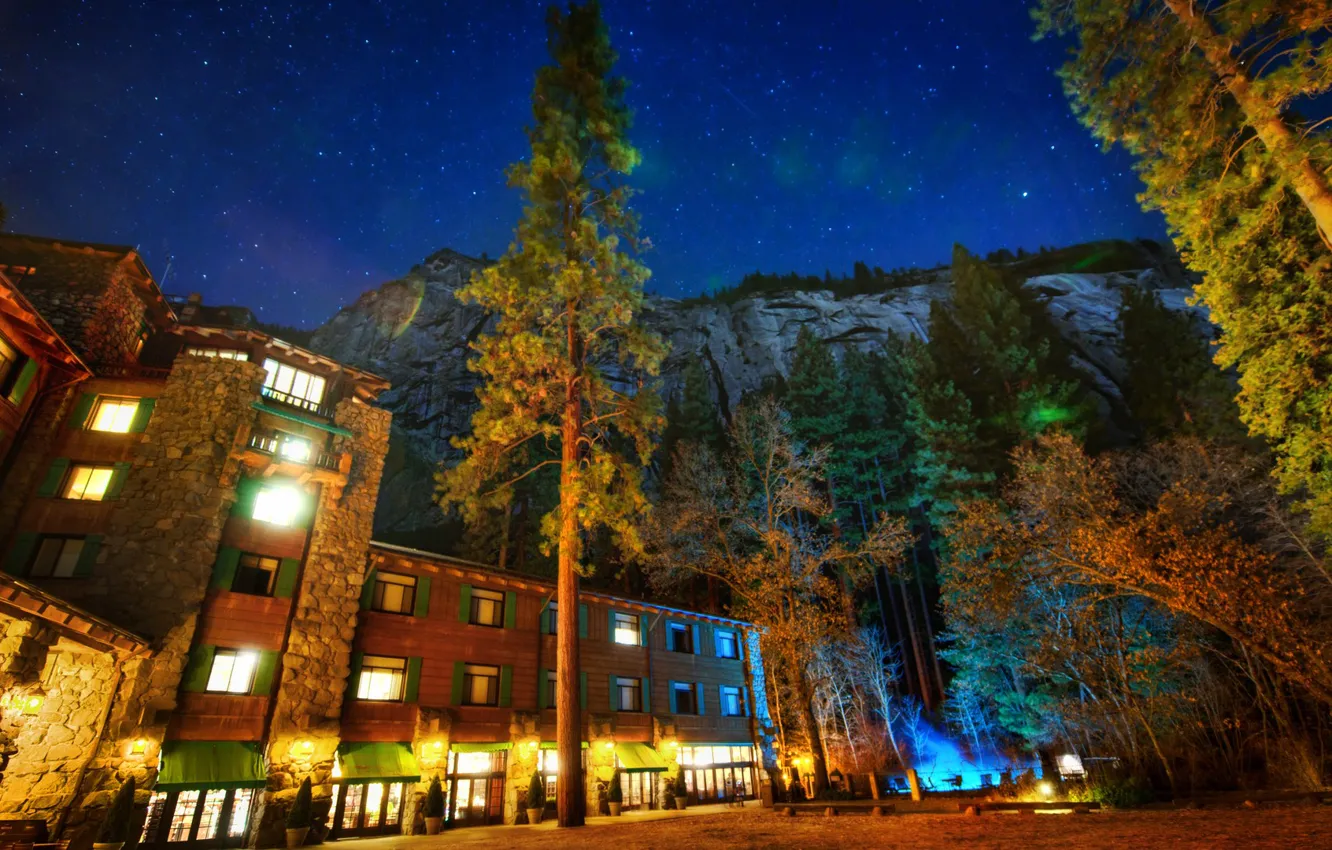 Photo wallpaper the sky, stars, trees, night, the city, lights, HDR, home