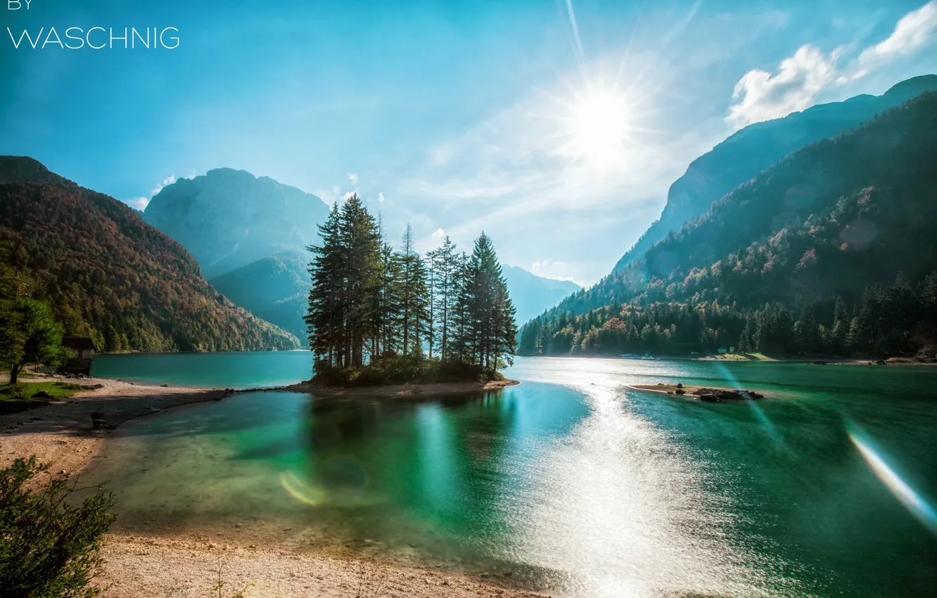 Photo wallpaper forest, trees, mountains, nature, lake, island