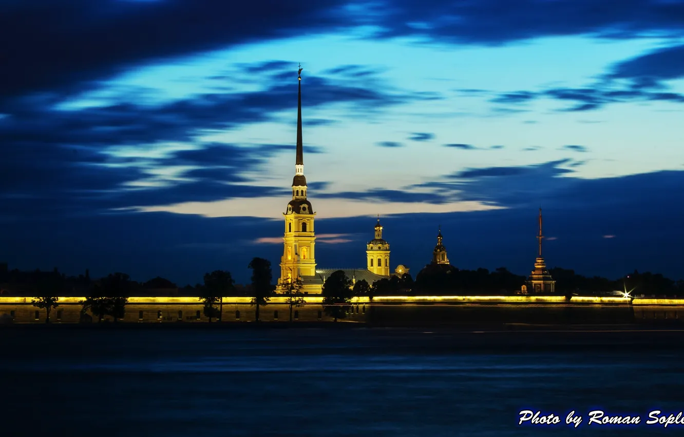 Photo wallpaper night, river, Saint Petersburg, Peter and Paul fortress