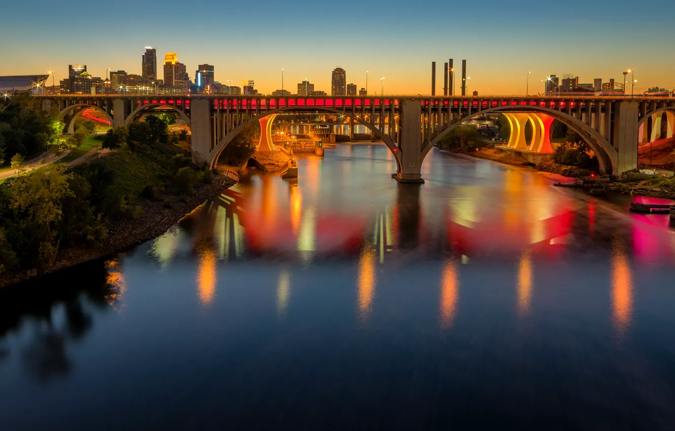 Photo wallpaper sunset, bridge, lights, river, home, USA, Minnesota, Minneapolis