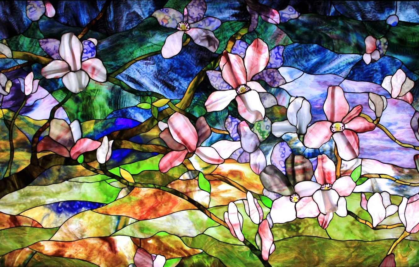 Photo wallpaper abstraction, background, texture, stained glass, floral ornament, stained glass film