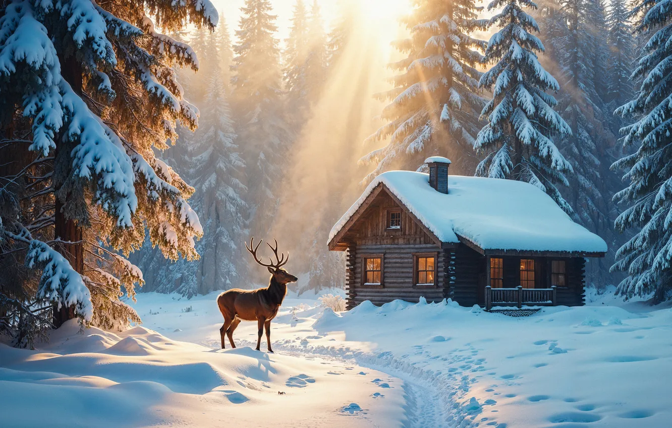 Photo wallpaper winter, forest, snow, mountains, tree, deer, house, house