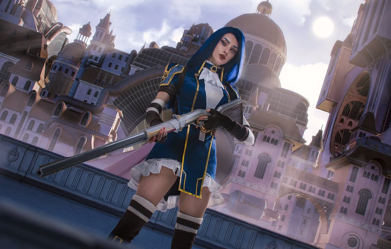 Photo wallpaper dress, weapon, blue eyes, model, women, cosplay, League of Legends, shotgun