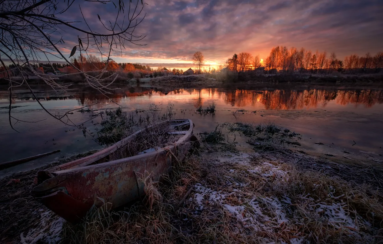 Photo wallpaper ice, frost, autumn, grass, landscape, branches, nature, river