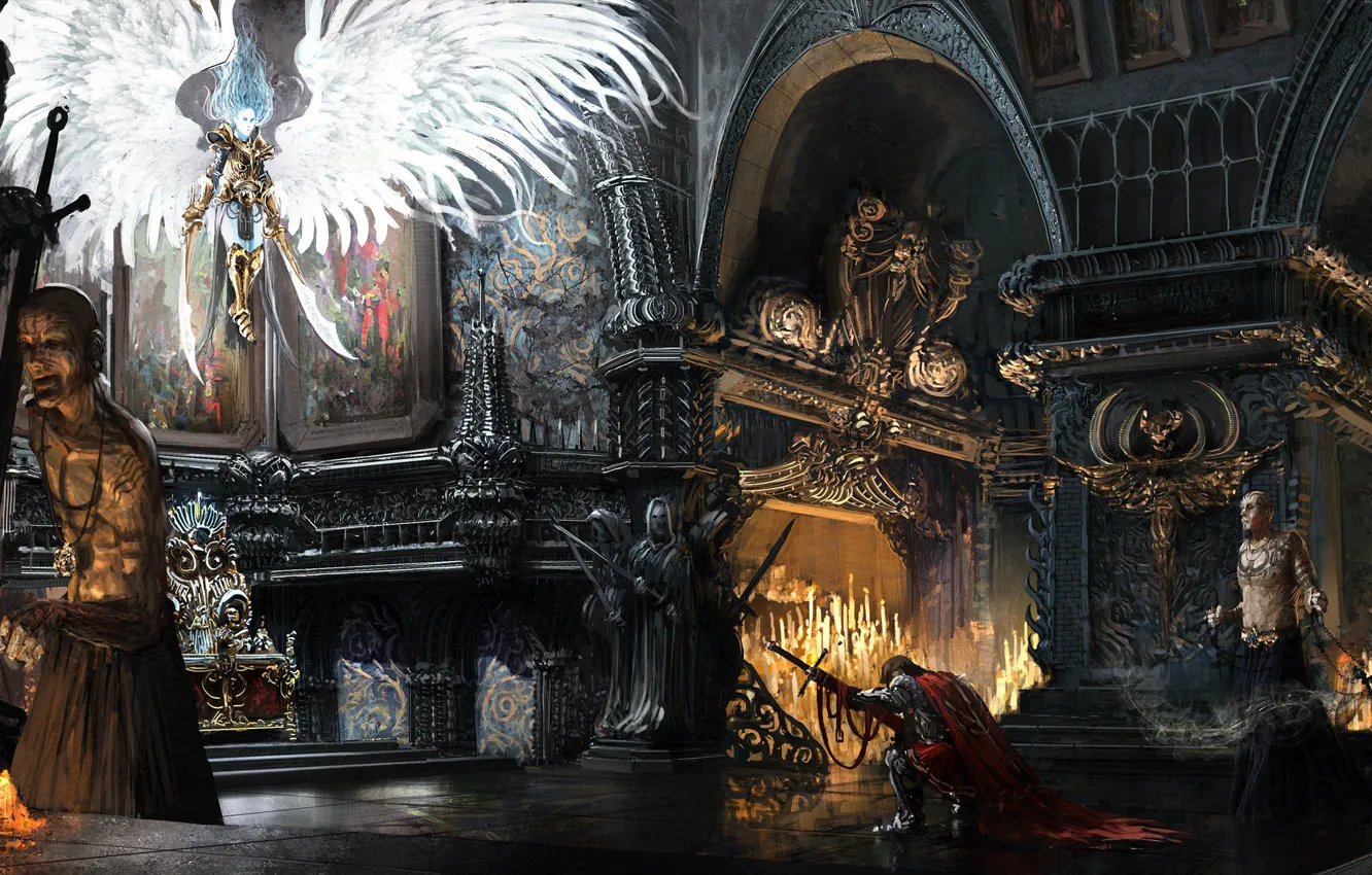 Photo wallpaper flight, wings, angel, sword, hall, knight, servants