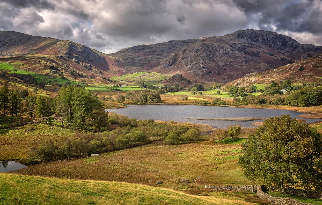 Photo wallpaper field, the sky, the sun, trees, mountains, clouds, lake, England