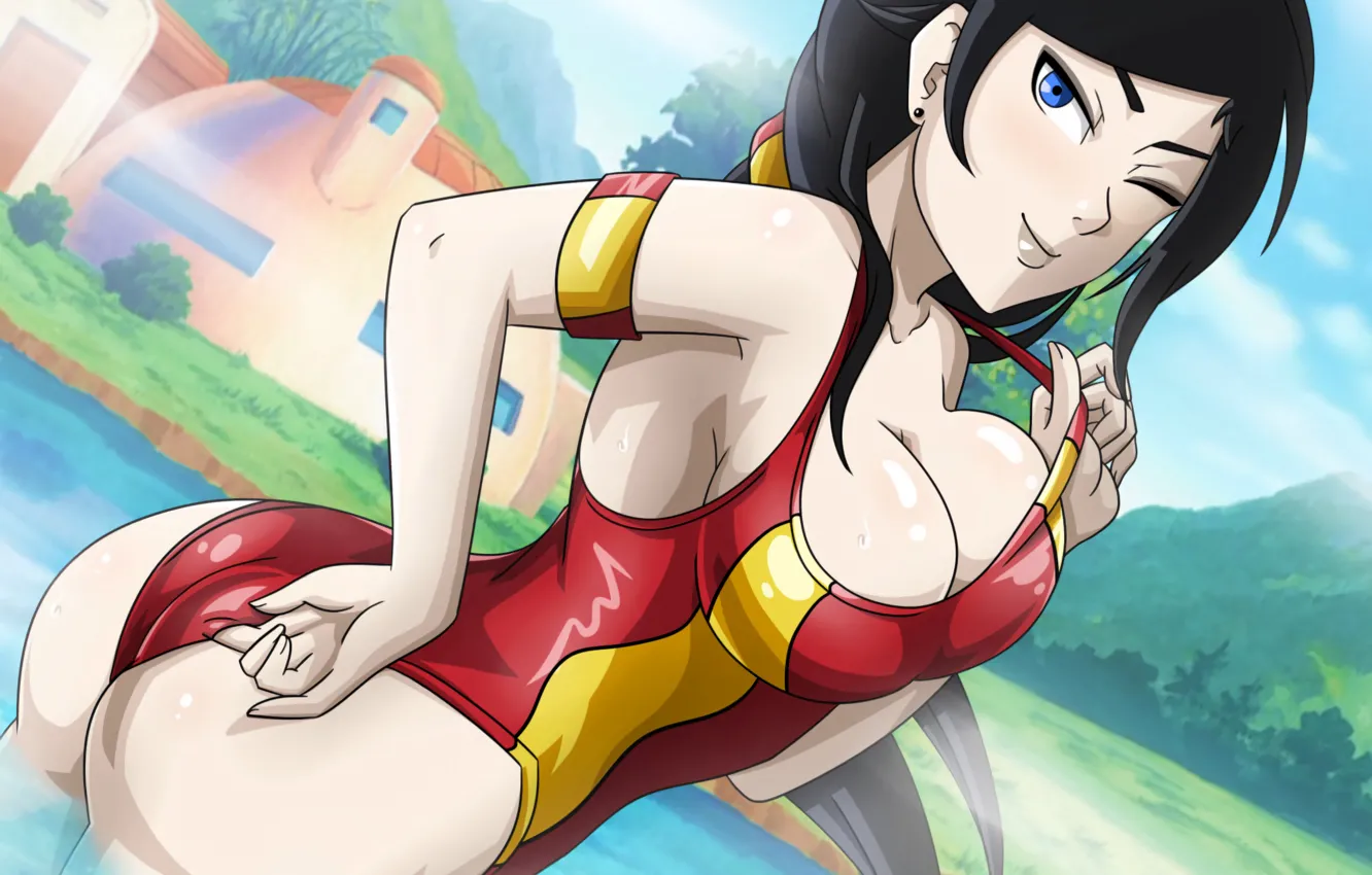 Photo wallpaper girl, sexy, ass, cleavage, long hair, boobs, anime, blue eyes