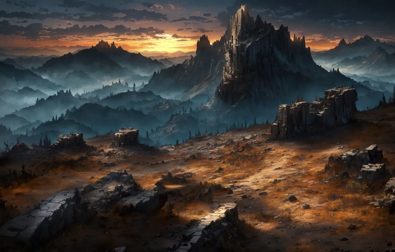 Photo wallpaper landscape, sunset, art, rocks, painting, ruins, digital art, Dale