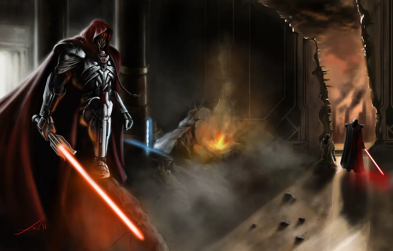 Photo wallpaper the city, lights, smoke, building, sword, Star Wars, art, opening