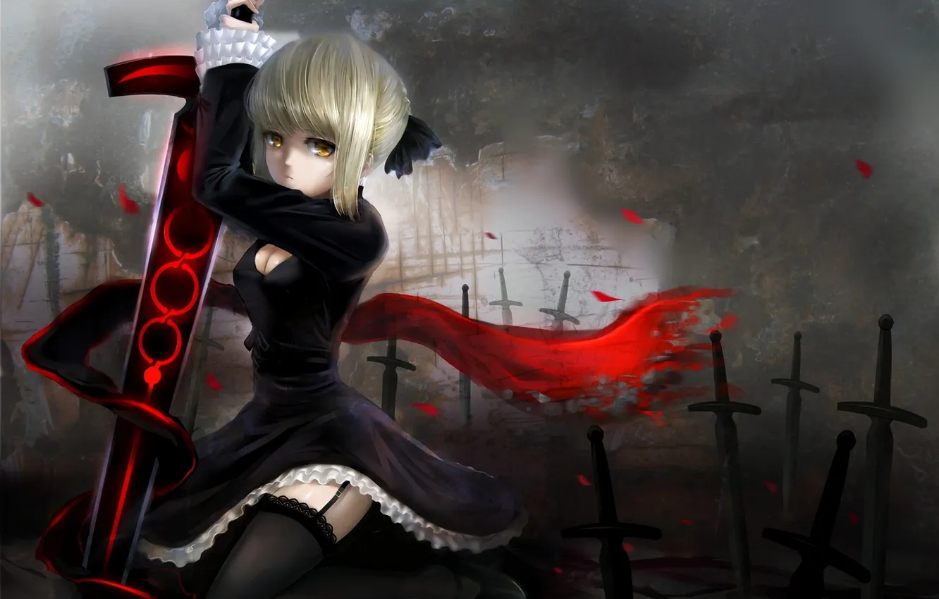 Photo wallpaper girl, weapons, sword, stockings, scarf, dress, art, Fate Stay Night