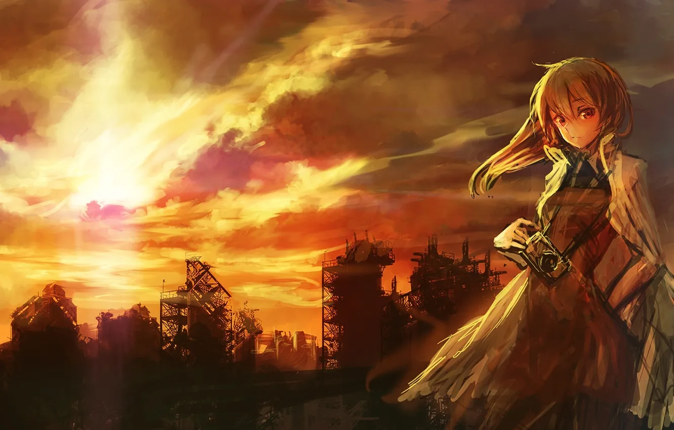 Photo wallpaper girl, sunset, plant, camera, ruins