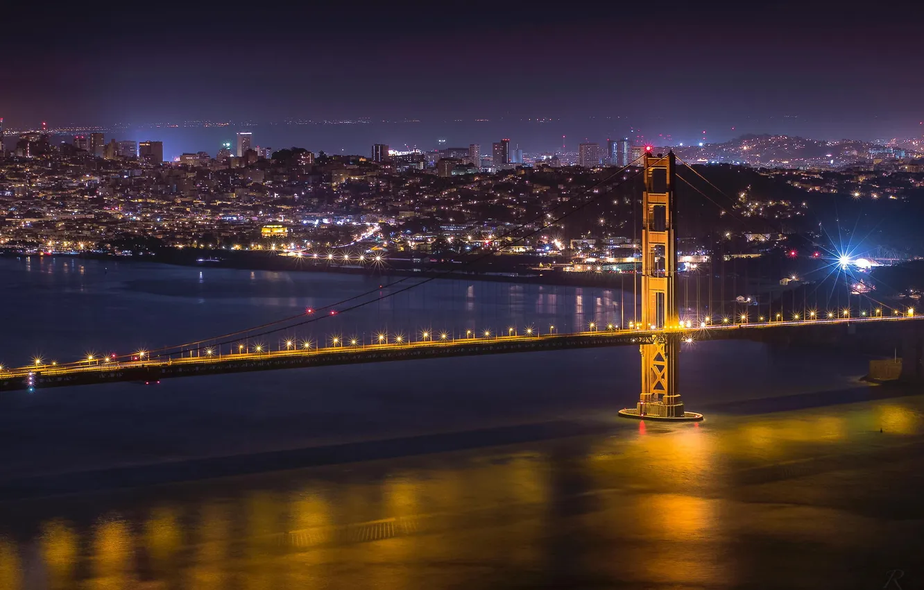 Photo wallpaper night, bridge, the city, lights, San Francisco, Golden Gate