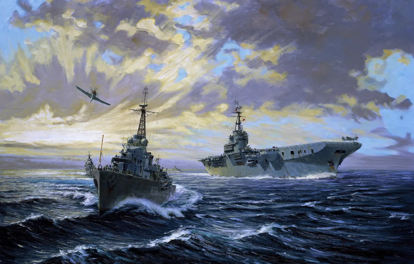 Photo wallpaper sea, the sky, figure, ship, the carrier, the plane, destroyer