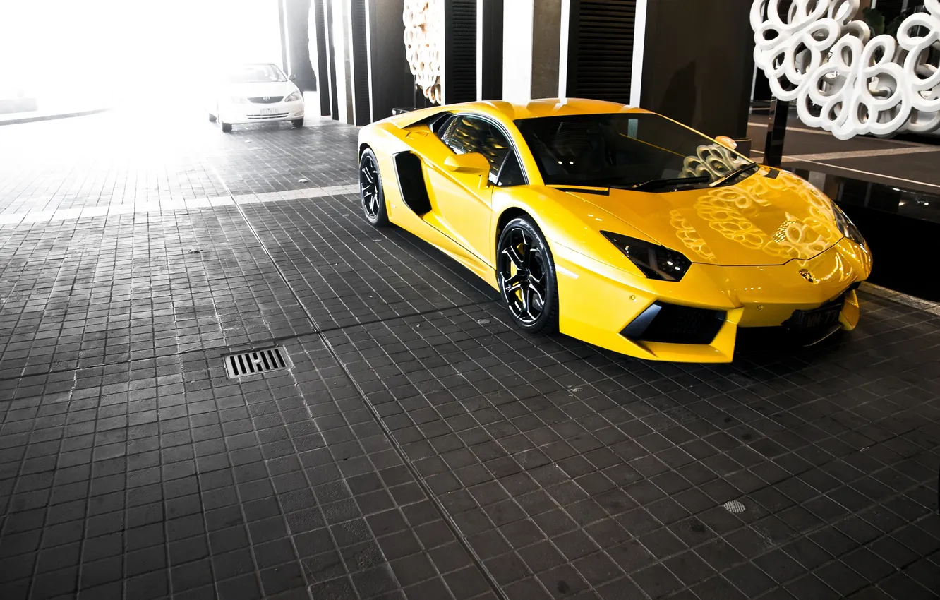 Photo wallpaper yellow, glare, Lamborghini, pavers, front view, yellow, LP700-4, Aventador