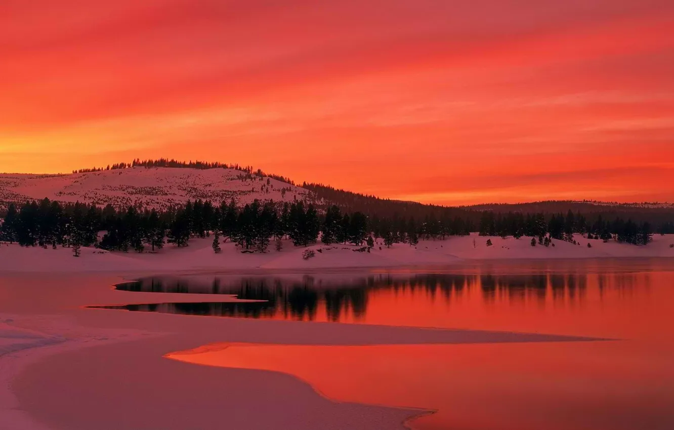 Photo wallpaper winter, sunset, lake, crimson
