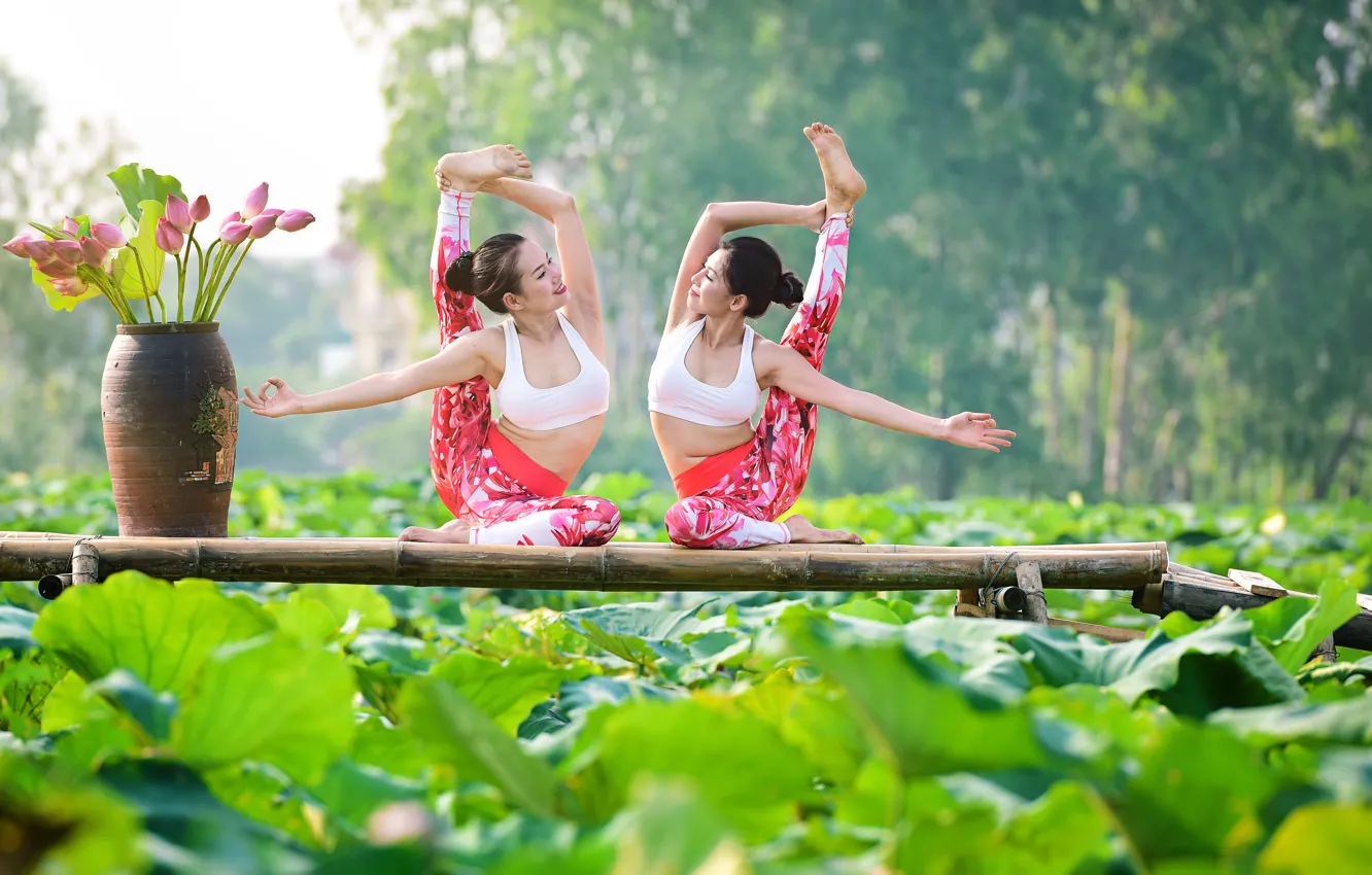 Photo wallpaper summer, nature, girls, mood, gymnastics, yoga, legs, Asian girls