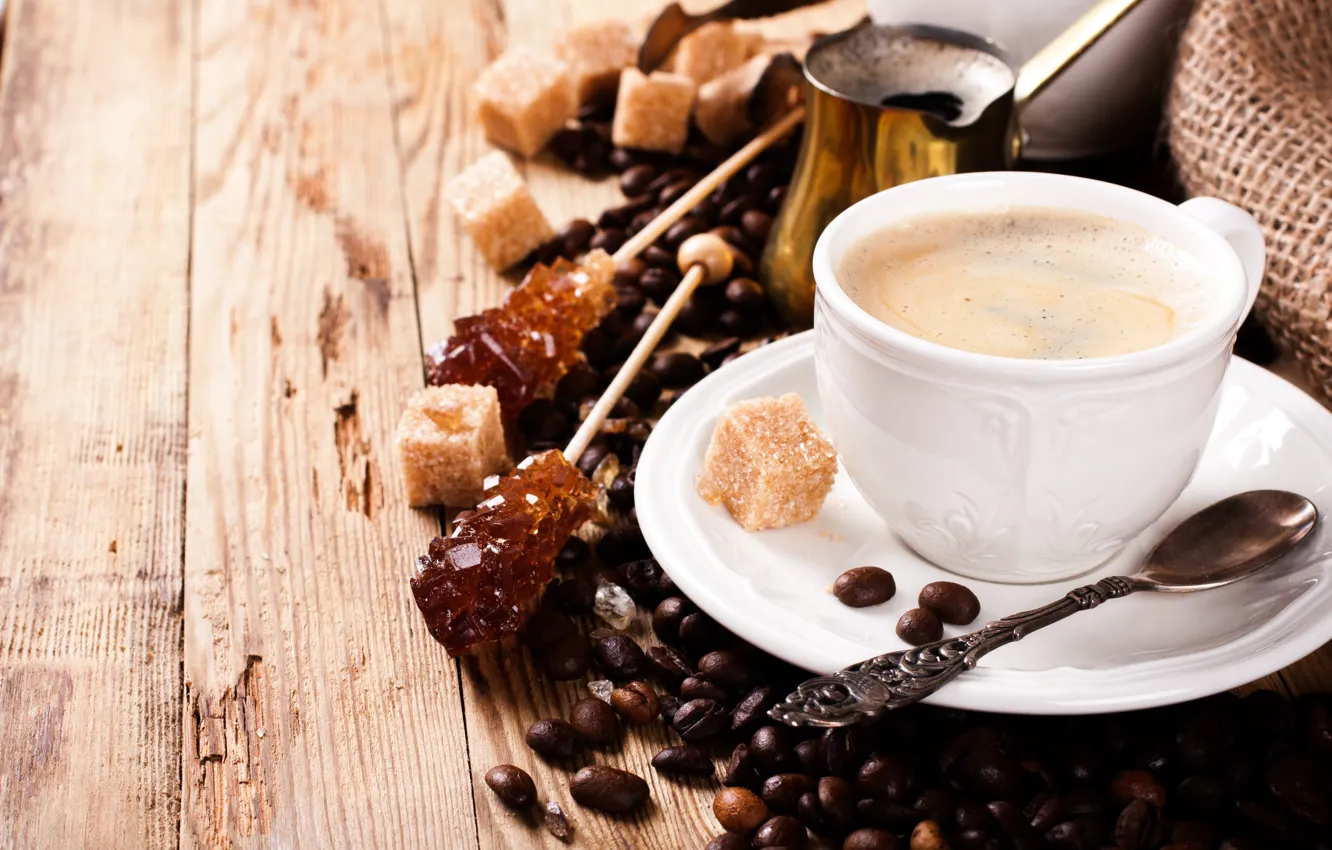 Photo wallpaper table, coffee, Cup, sugar, coffee beans, Espresso, Iryna Melnyk
