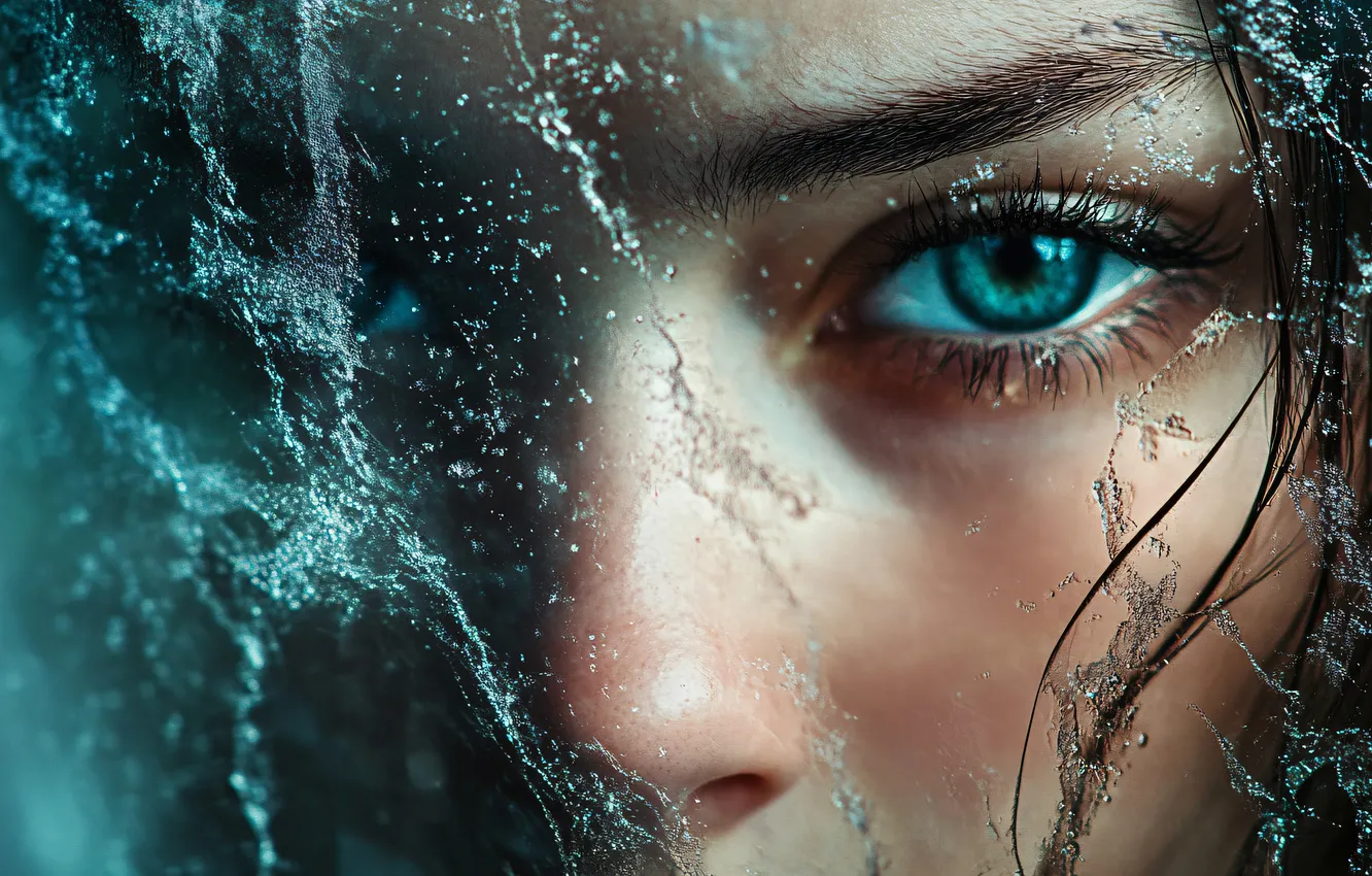 Photo wallpaper eyes, look, water, girl, drops, squirt, close-up, face