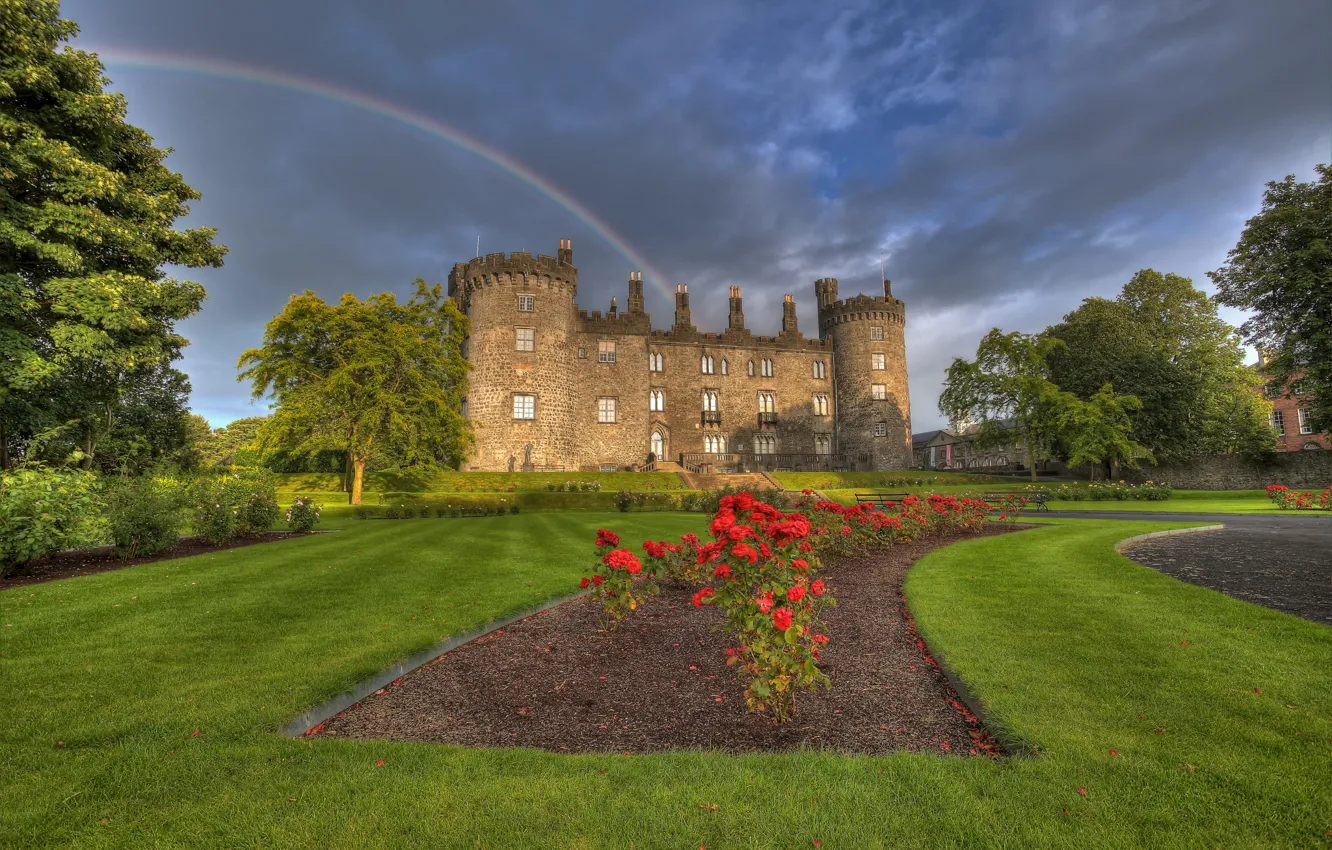 Photo wallpaper flowers, Park, castle, rainbow, Ireland, Ireland, Kilkenny Castle