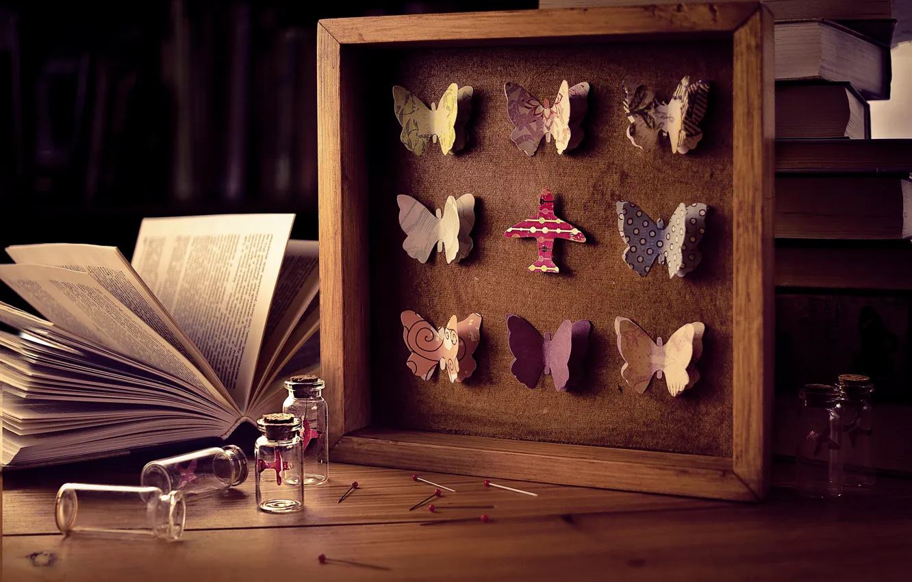 Photo wallpaper butterfly, needles, bubbles, books, frame, bottle, pins