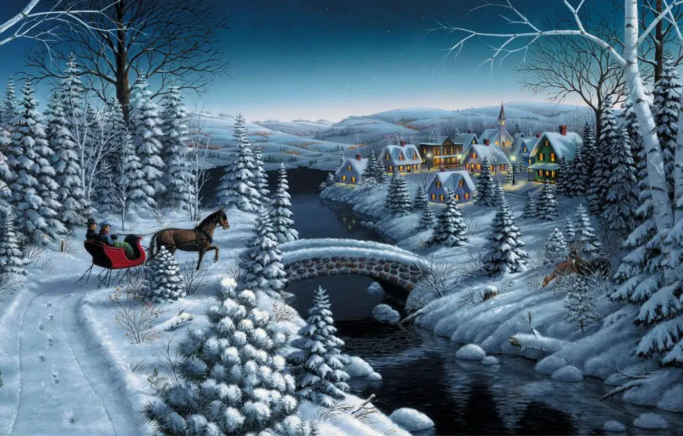 Photo wallpaper winter, stars, snow, bridge, river, horse, tree, home