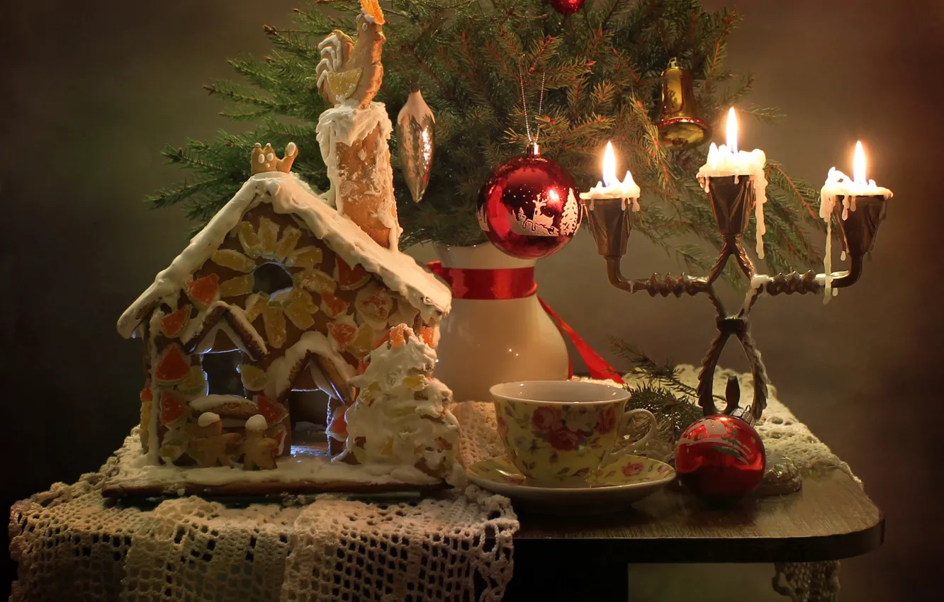 Photo wallpaper winter, house, tree, new year, Christmas, candles, still life, gingerbread