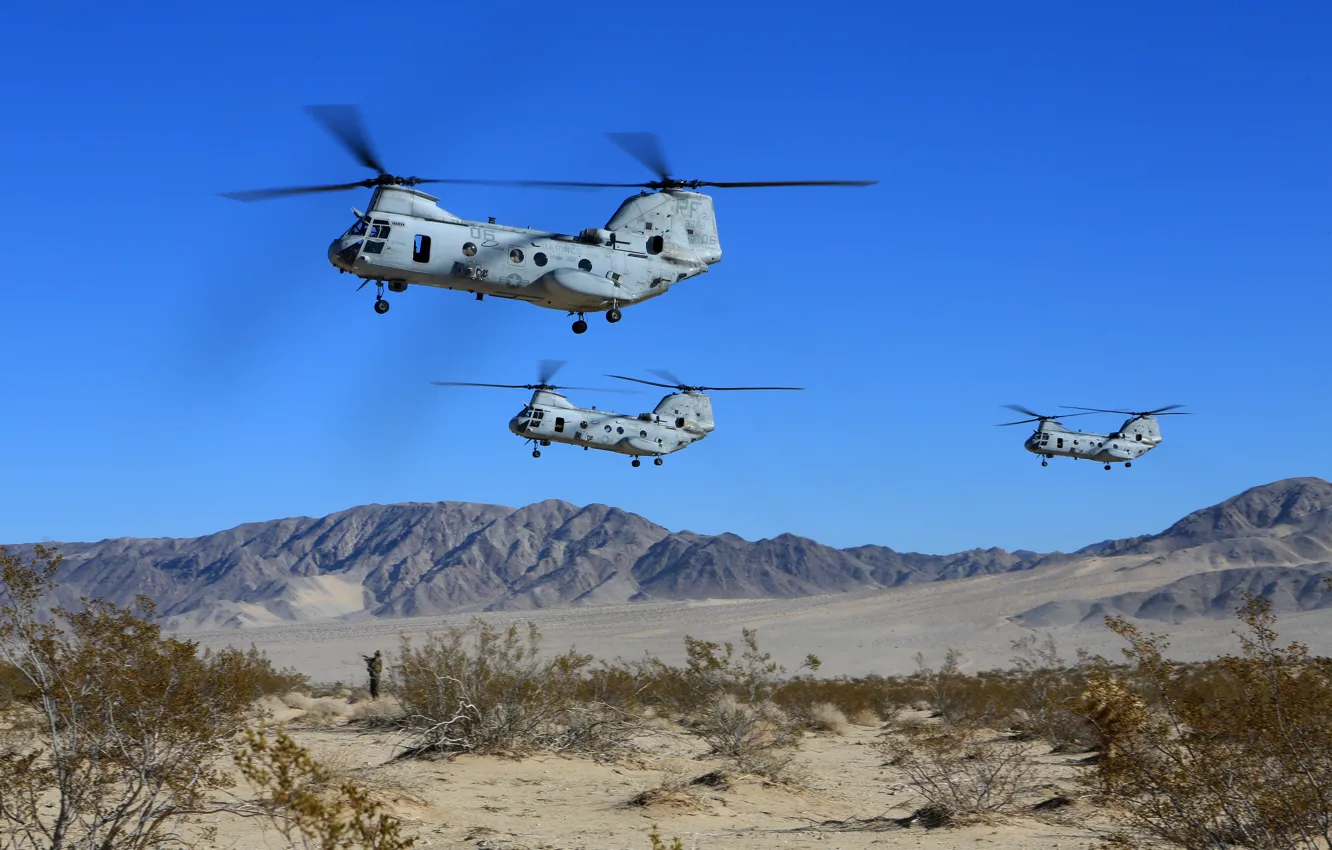 Photo wallpaper sand, the sky, mountains, American, shrub, military transport helicopters, Boeing Vertol CH-46 sea knight, Boeing …