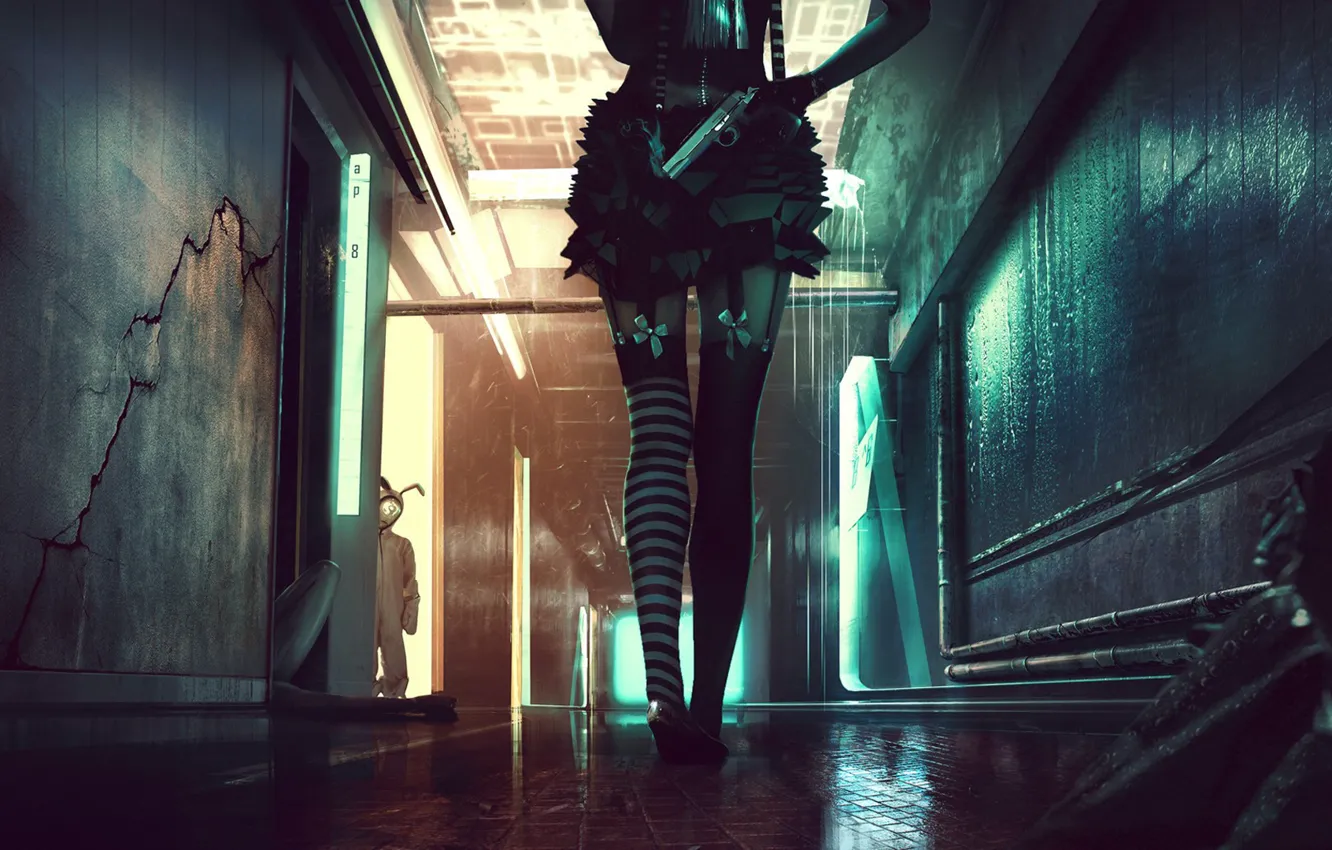 Photo wallpaper light, horror, gun, fantasy, legs, Neon, floor, assassin