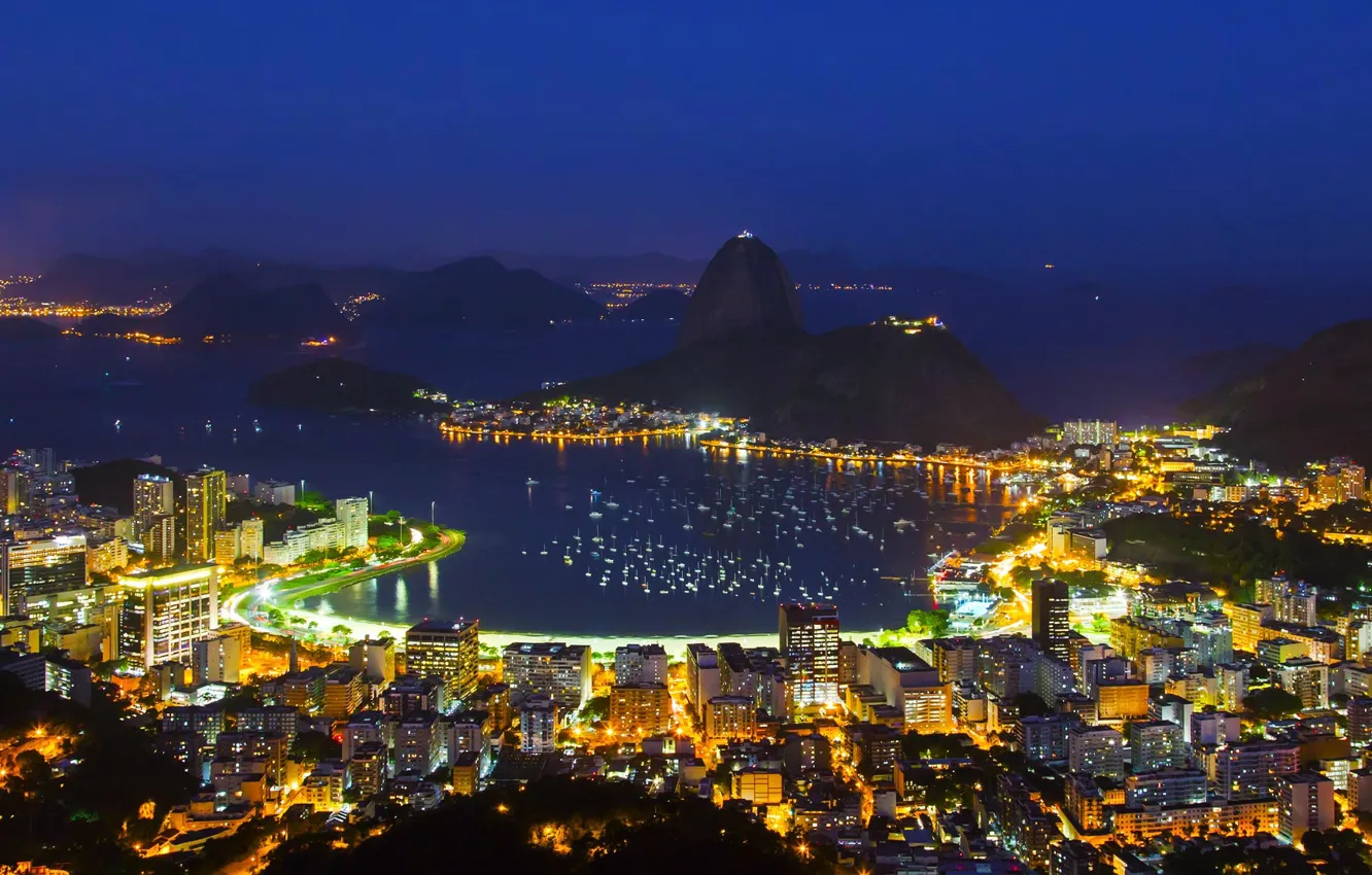 Photo wallpaper night, lights, mountain, Brazil, Rio de Janeiro, Sugar Loaf, Guanabara Bay