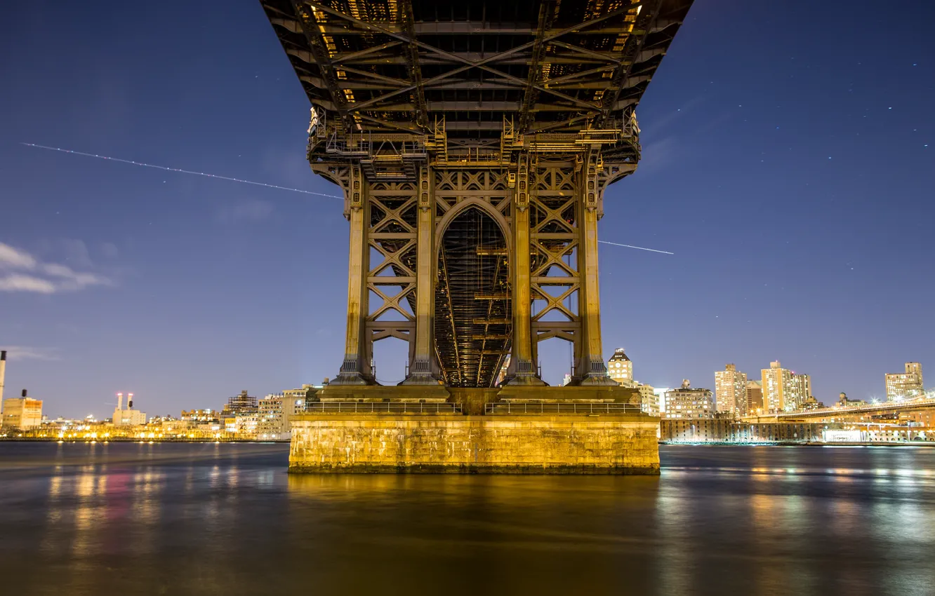 Photo wallpaper bridge, lights, New York, the evening, support, twilight
